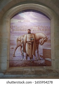 Burgos, Spain September. Portrait of El CID, a mercenary soldier who fought for both Muslims and Christians. Seen here in a painting contained in an arched recess in the cathedral. 