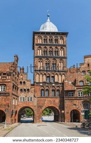 The Burgtor, a city gate in the historic city center (Altstadt) of Luebeck (Lübeck) in Schleswig-Holstein, Germany, one of two remaining tower gates of the medieval fortifications.