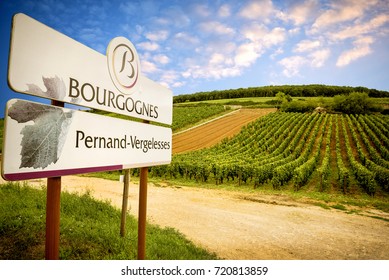 Burgundy, August 4, 2017. Pernand-Vergelesses Wine Is Produced In The Commune Of Pernand-Vergelesses In Côte De Beaune. The Appellation AOC Pernand-Vergelesses May Be Used For Red And White Wine