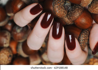 Burgundy brown manicure on a background of acorns