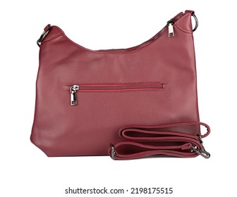 Burgundy Leather Women's Handbag With A Strap On A White Background.