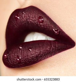 Burgundy Lips With Water Drops