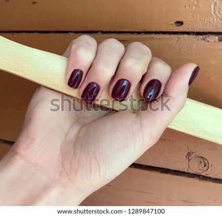 burgundy nail polish. Manicure on a female hand. Pomegranate nails