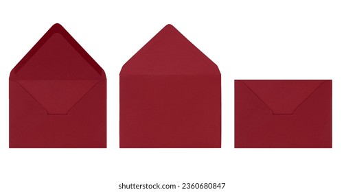 Burgundy red open envelope isolated on white background. Letter, front and back view. Design element for business, birthday, Valentine. Copy space