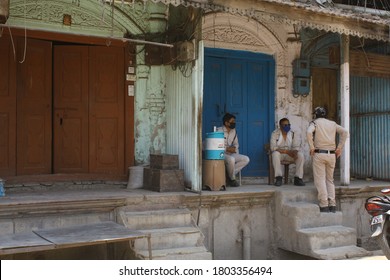 Burhanpur, Madhya Pradesh / India - April 11 2020: Covid 19 Corona Virus, Police Patrolling On The Streets Of Burhanpur During Nationwide Lockdown & Curfew. Burhanpur, Madhya Pradesh, India