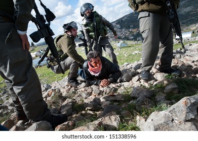 BURIN, PALESTINIAN TERRITORY - FEBRUARY 2: Israeli Soldiers Arrest A Palestinian Man As They Disperse A Demonstration On Land Belonging To The West Bank Village Of Burin, February 2, 2013. 