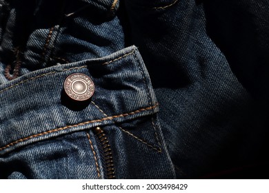 Buriram  Thailand June 1, 2020: Low Key Selective Focus Studs Of 
Levi's Jeans, Rivet Of Jean 