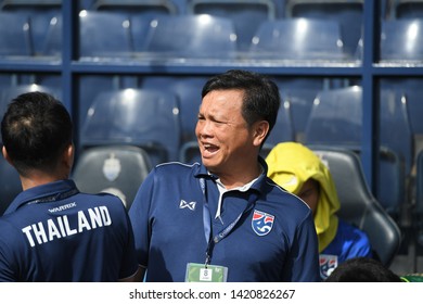 Buriram-Thailand-8Jun2019:Sirisak yodyadthai head coach of Thailand in action during king’s cup match between thailand against india at chang arena,buriram,thailand