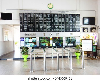 Burirum, Thailand - May 11, 2016: Ticket Counter With Train Time Table Inside Burirum Railway Station