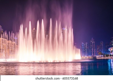 The Burj Khalifa Lake With Dancing Fountain Of Dubai, UAE