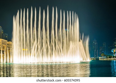 The Burj Khalifa lake with dancing fountain of Dubai, UAE