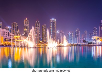 The Burj Khalifa Lake With Dancing Fountain Of Dubai, UAE