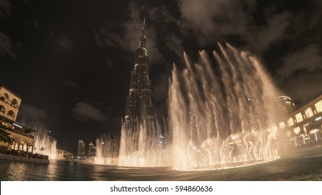 Burj Khalifa Tower At Night By The Fountain Dubai Mall, Dubai February 2017