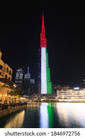 Burj Khalifa, World's Tallest Building Lit Up In UAE Flag Colours For UAE Flag Day - Dubai, UAE - Nov 3, 2020