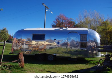 Burkes Pass, Canterbury, New Zealand. May 2, 2015. Airstream iconic American silver bullet camper caravan Travel trailers