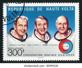 BURKINA FASO - CIRCA 1975: Stamp Printed By Burkina Faso, Shows Donald K. Slayton, Vance Brand, Thomas P. Stafford, Circa 1975.