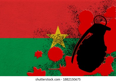 Burkina Faso Flag And MK2 Frag Grenade In Red Blood. Concept For Terror Attack Or Military Operations With Lethal Outcome