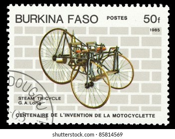 BURKINA FASO-CIRCA 1985: A stamp printed in Burkina Faso shows image of a vintage motorcycle, Stem Tricycle, G.A. Long, circa 1985