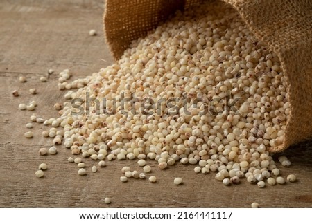 Burlap bag with raw Sorghum grain close up ストックフォト © 