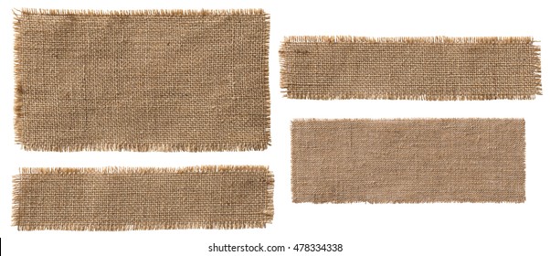 Burlap Fabric Label Pieces, Rustic Hessian Patch, Torn Sack Cloth Isolated over White