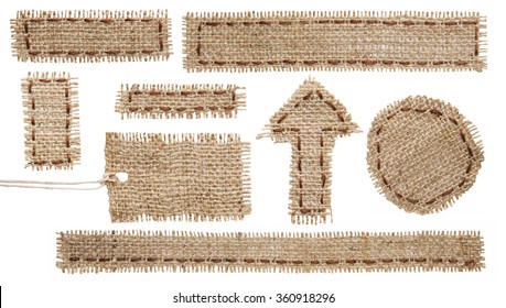 Burlap Fabric Tag Label, Rustic Hessian Cloth Patch Ribbon, Torn Sackcloth Isolated On White