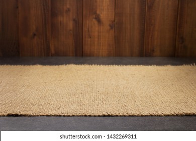 Burlap Hessian Sacking Cloth On Wooden Background Table In Front View