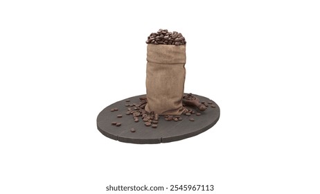 A burlap sack filled with coffee beans, surrounded by scattered beans on a wooden surface, emphasizing the natural product. - Powered by Shutterstock