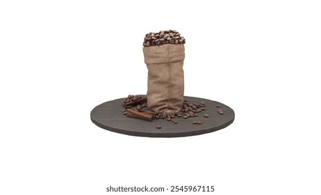 A burlap sack filled with coffee beans, surrounded by scattered beans and cinnamon sticks on a wooden surface. - Powered by Shutterstock