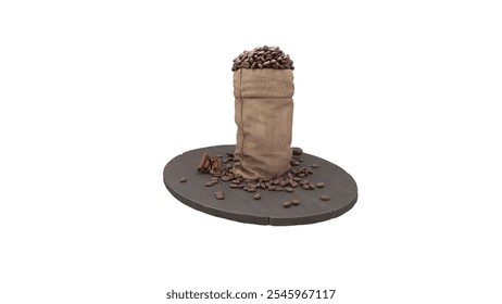 A burlap sack filled with coffee beans, surrounded by scattered beans on a circular wooden surface. - Powered by Shutterstock