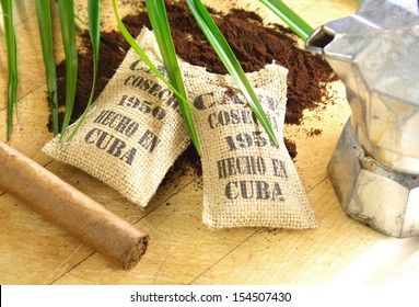 Burlap Sacks Of Cuban Coffee And A Cigar