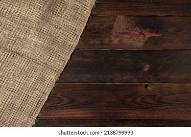 Burlap Texture On Wooden Table Background.