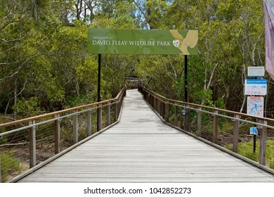 Burleigh Heads, Gold Coast, Queensland, Australia - December 28, 2017. Entrance to David Fleay Wildlife park, with vegetation and boardwalk.