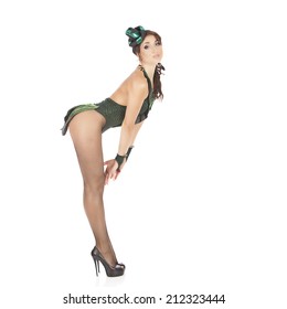 Burlesque dancer with green dress, isolated on white