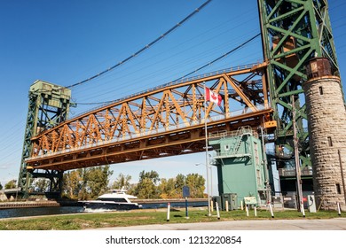 Burlington Canal Lift Bridge in Hamilton, Ontario, Canada. A vertical-lift bridge connecting Burlington Bay with Hamilton Harbour on Lake Ontario.