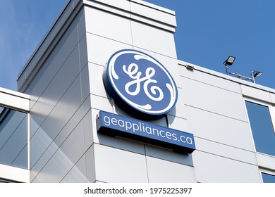 Burlington, On, Canada- May 15, 2021: Close up of GE Appliances sign on the building in Burlington, On, Canada. GE Appliances is an American home appliance manufacturer. 