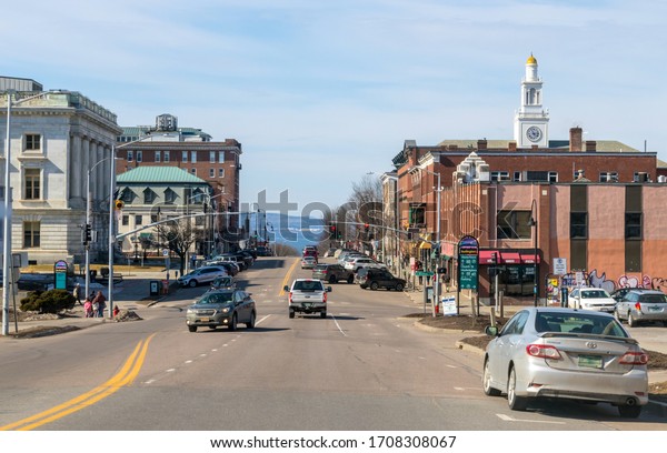 Burlington, USA-08 March 2020\
: Main Street view  in Burlington Vermont USA city downtown at\
springtime