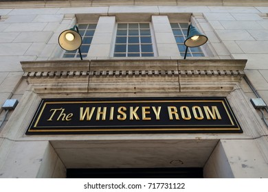 BURLINGTON, VERMONT - August 27, 2017: Low Angle Of The Whiskey Room At Ri Ra On College Street In Burlington. Editorial Use Only.