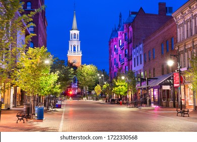 Burlington, Vermont, USA At Church Street Marketplace At Twilight.