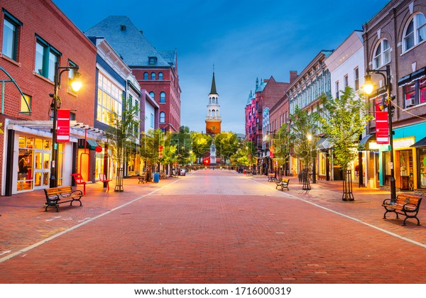 Burlington, Vermont, USA at Church Street\
Marketplace at\
twilight.