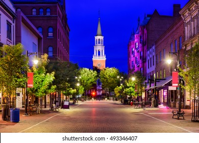 Burlington, Vermont, USA Cityscape At Church Street Marketplace.