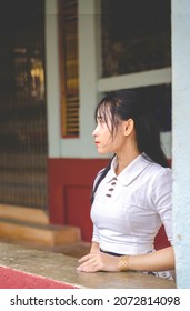 Burmese Girl Traditional Dress In The Temple  