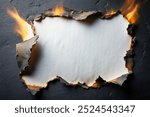 Burn black paper rectangle with fire damaged on white background for your presentation