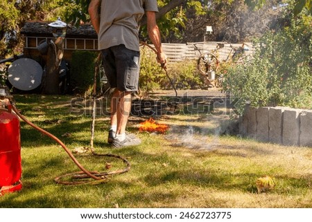 Similar – Image, Stock Photo Burning lawn. Man destroying dry dead grass with weed burner, garden gas burner. Fire spreads quickly through dry grass in garden, close up. Forest fire danger