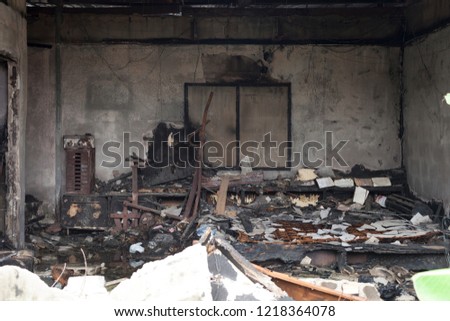 Burned house interior after fire. Interior of a home damaged by fire.