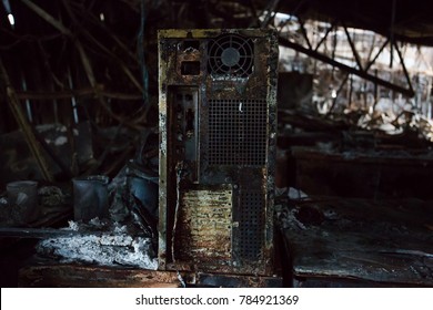 Burned Interiors Of Office Decoration After Fire In The Factory / Damage In Factory After Fire Inferno