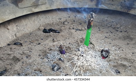 Burned Japanese Green Incense Joss Sticks In Censer.