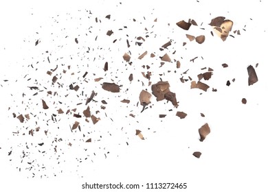 Burned old paper, cardboard scraps isolated on white background, top view