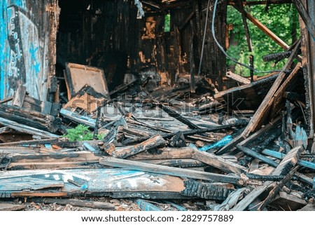 Burned rural structure with collapsed timber, soot-darkened walls, shattered planks, scattered debris, faint graffiti, and surviving greenery, showing severe fire damage and ruin, with charred