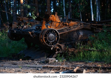 burned russian armed vehicle.Ukrainian counteroffensive operation. The defenders of Ukraine stop the  russian army. Ukraine armed forces defending and regaining occupied territory