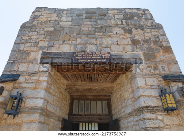 Burnet, Texas. June, 25, 2022.\
Longhorn Cavern State Park. Constructed in the 1930\'s by the\
civilian conservation corps as the original park sing. Places of\
interest.